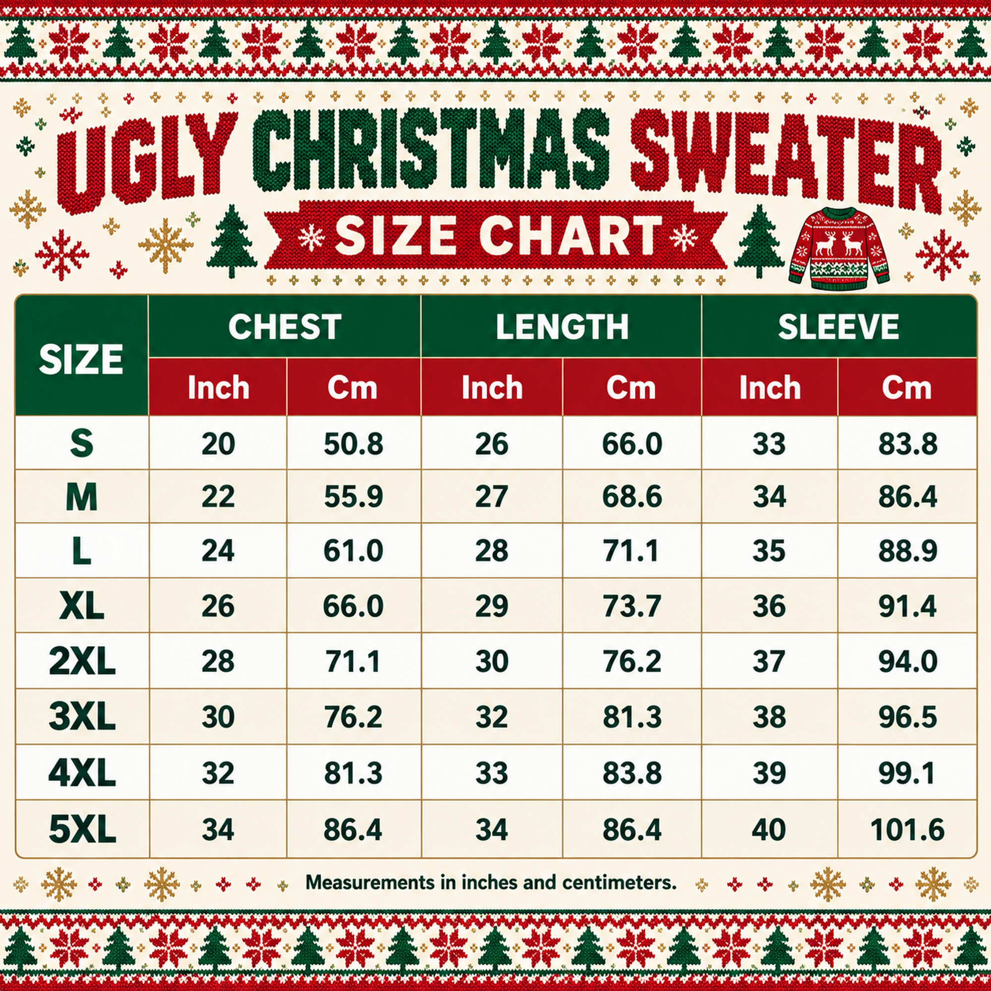 Ugly Christmas sweater size chart S to 5XL